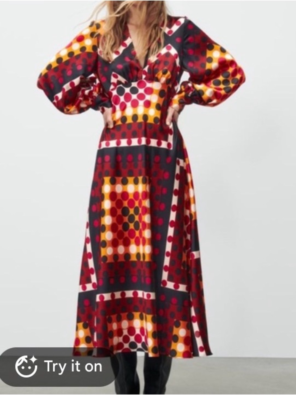 Zara Burgundy, Orange & White Geometric Dot Midi Dress - Satin